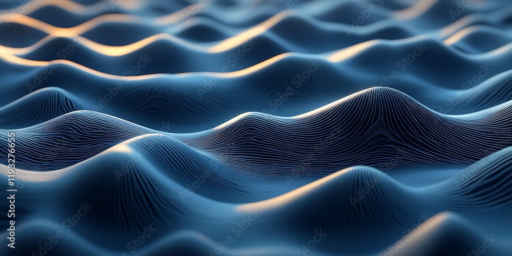 Obraz premium Abstract blue wave pattern, sunrise light, digital art, website background