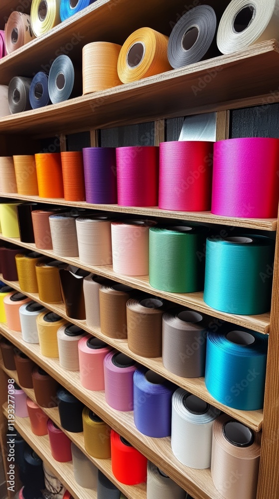 Colorful rolls of crafting materials on shelves. Colorful rolls of crafting materials on shelves.