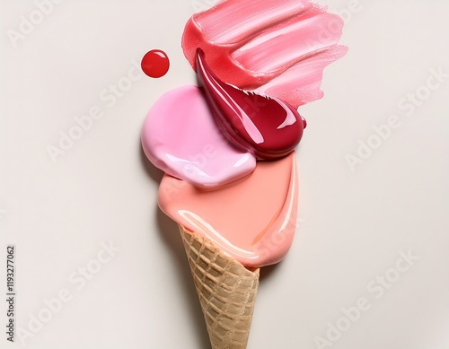 Creative concept image of cosmetics makeup beauty products lipstick eyeshadows foundation makeup in shape of ice cream popsicle on white background.