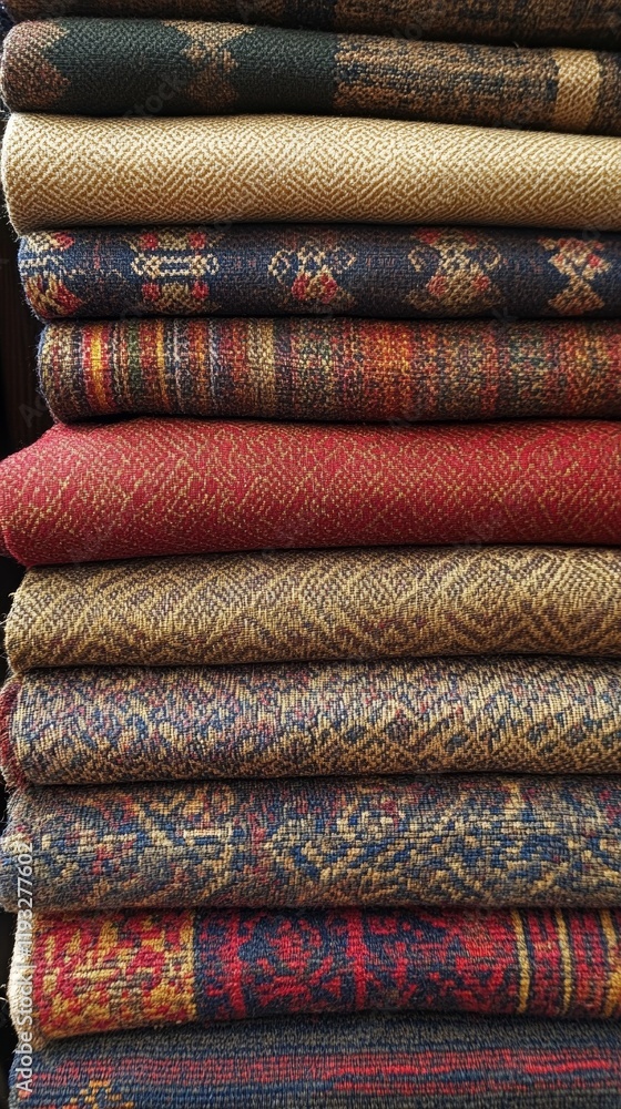Colorful stacked textiles in various patterns. Colorful stacked textiles in various patterns.