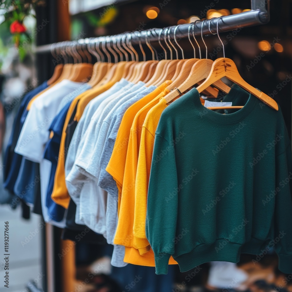 Obraz premium Colorful sweatshirts displayed on hangers.