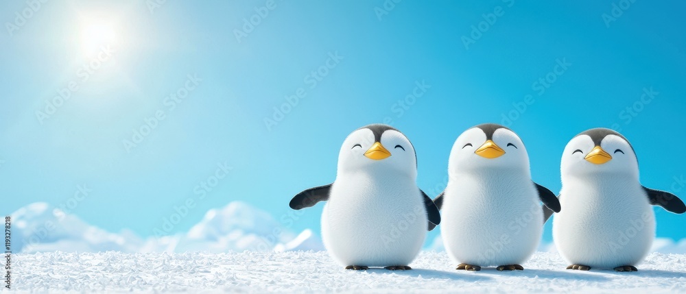 Obraz premium Three playful penguins stand joyfully in the snowy landscape under a bright blue sky, showcasing their adorable nature.
