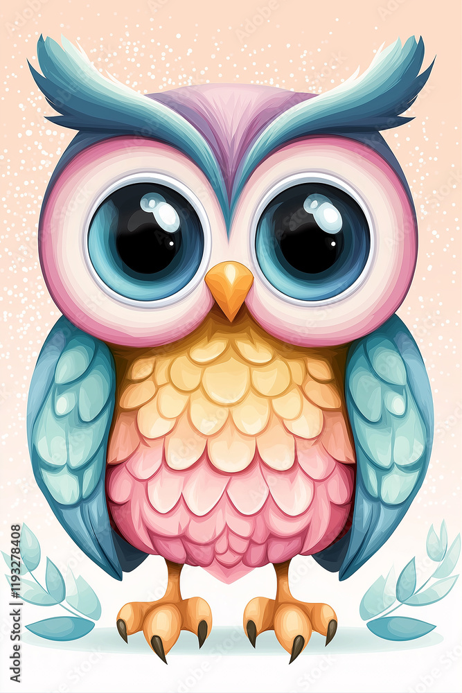 Naklejka premium Adorable pastel owl with big eyes standing on a gradient background
