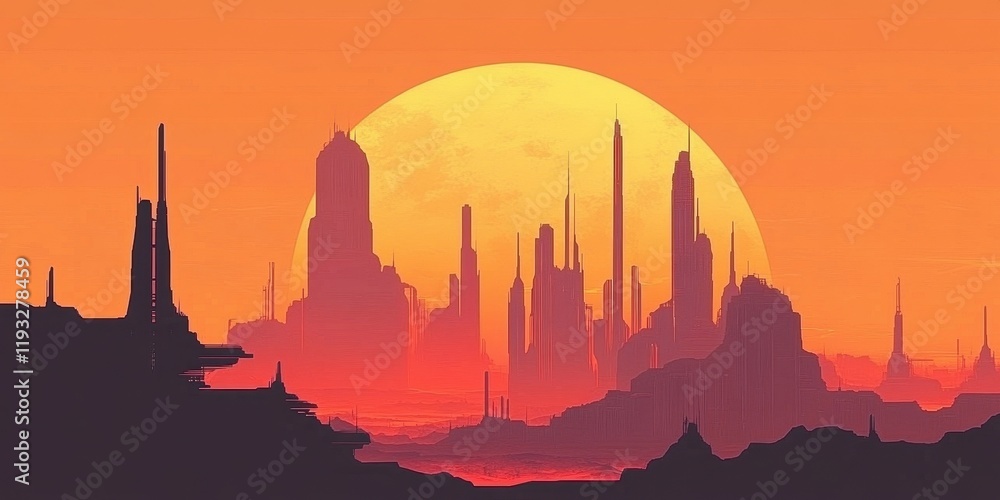 Naklejka premium Futuristic Cityscape at Sunset Under a Large Sun
