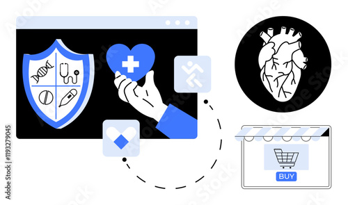 Digital screen shows health insurance shield and hand holding heart, icons for health services, shopping cart with buy button, and anatomical heart. Ideal for digital health, online services