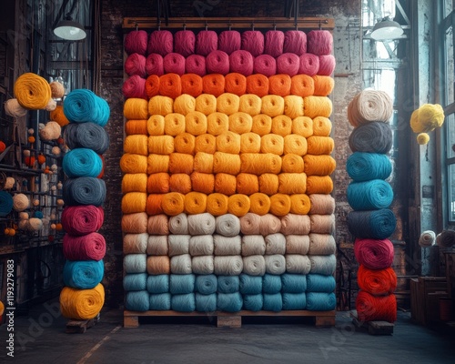 Colorful yarn display in a creative workspace. photo