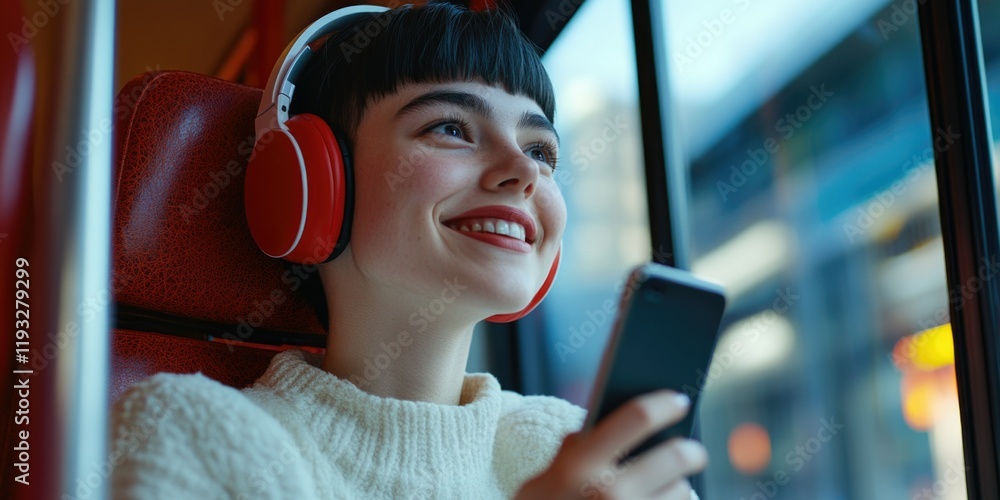Smiling Teenager Engrossed in Music on Headphones