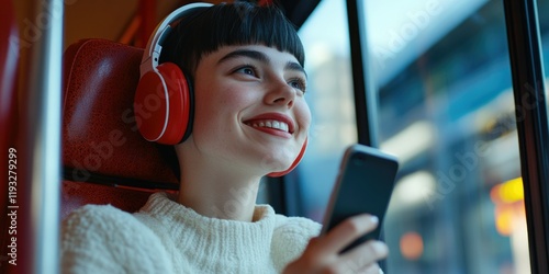 Obraz na płótnie Smiling Teenager Engrossed in Music on Headphones w salonie