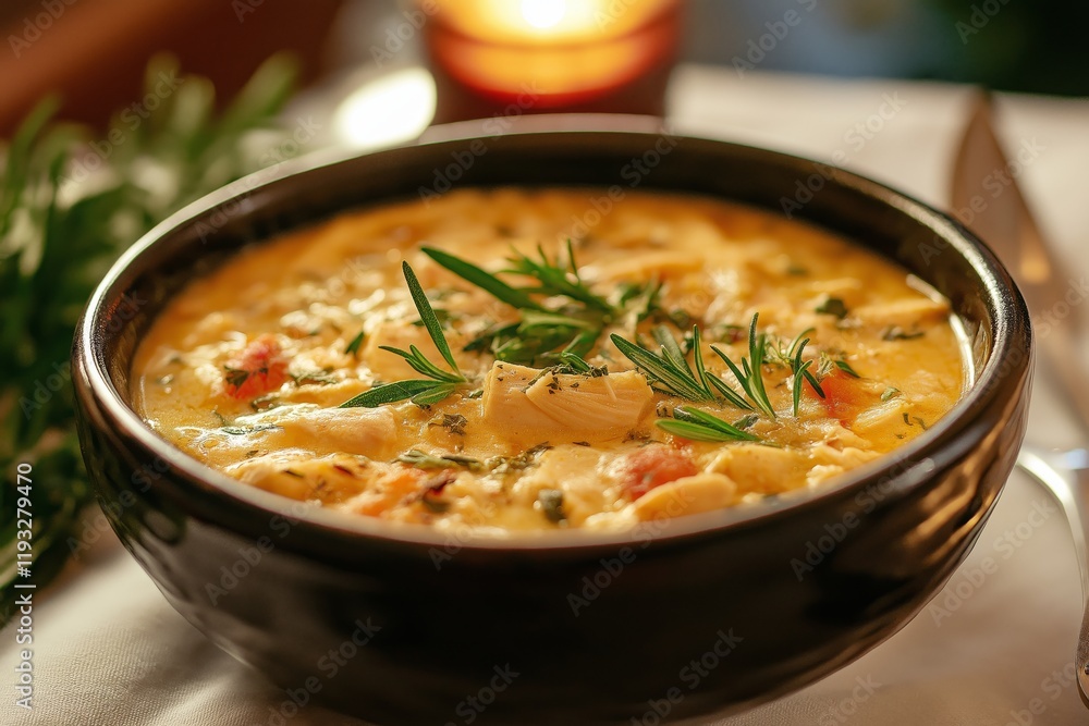 Homemade chicken soup with fresh herbs served in a rustic bowl Homemade chicken soup with fresh herbs served in a rustic bowl