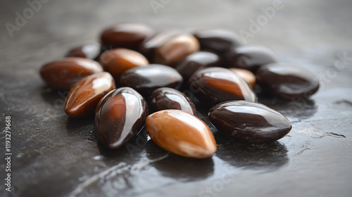 A close-up view of cocoa beans resting on a smooth surface, showcasing their natural color variations and rich texture.A close-up view of cocoa beans resting on a smooth surface, showcasing their natu photo