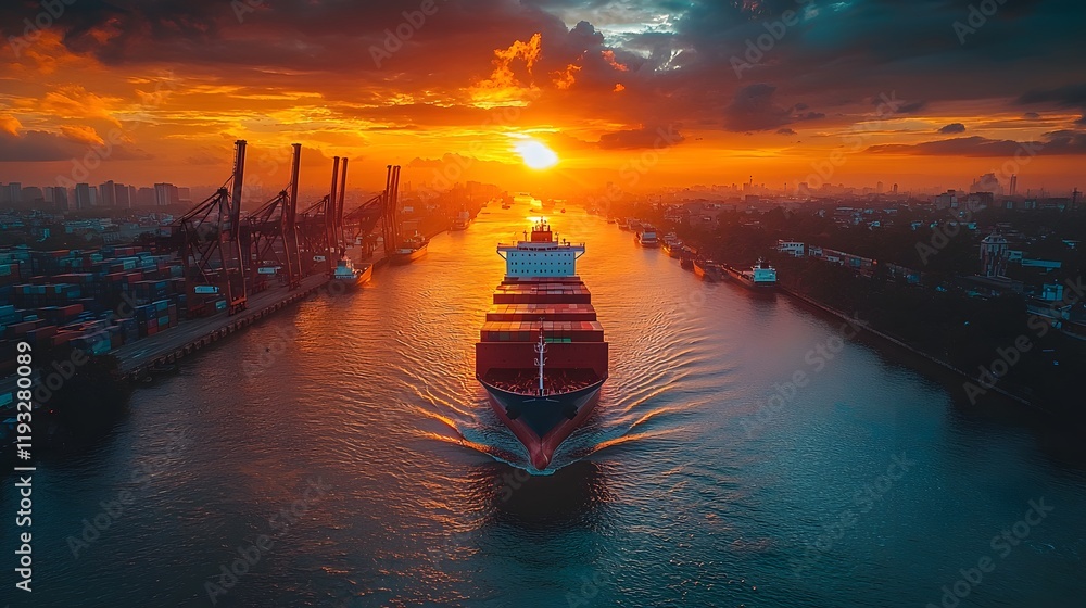 Majestic Container Ship Navigating Waterway at Sunset with Vibrant Sky and Dramatic Clouds, Overhead View of Urban Landscape and Distant Cityscape Majestic Container Ship Navigating Waterway at Sunset with Vibrant Sky and Dramatic Clouds, Overhead View of Urban Landscape and Distant Cityscape