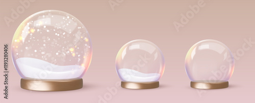 Set glass globe with snow and golden podium, base. Vector illustration isolated on light beige background. Happy New Year greeting card. For party, flyer, banner, web, advertising. Christmas sale