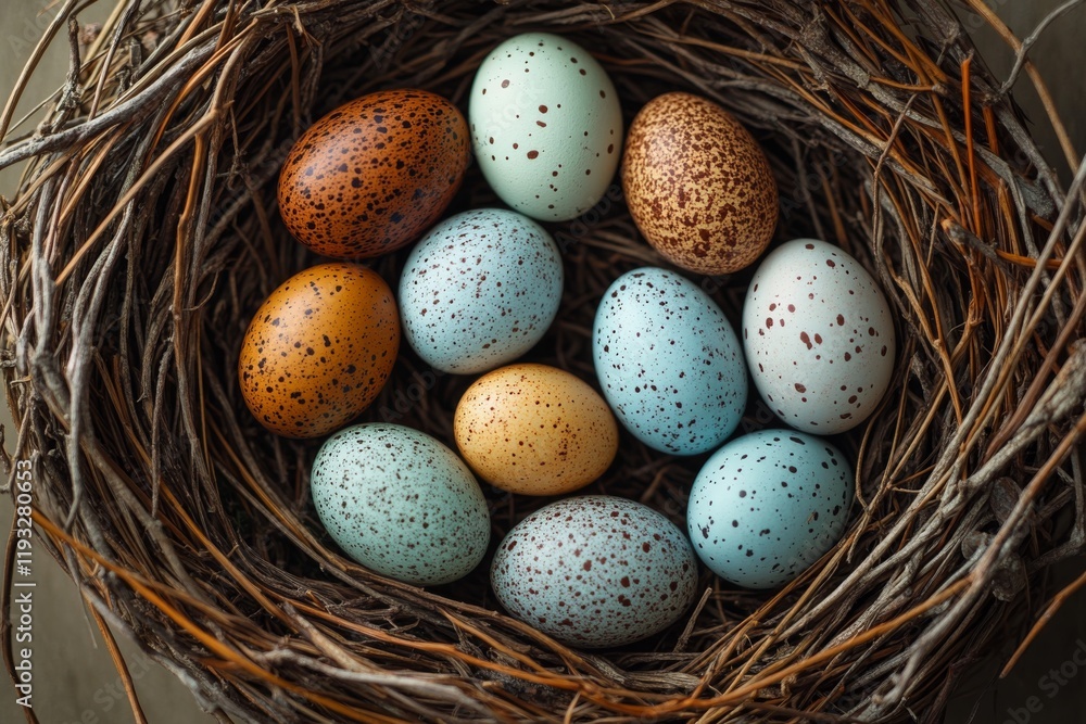 Speckled Easter Eggs in Bird Nest Spring Nature Background Speckled Easter Eggs in Bird Nest Spring Nature Background