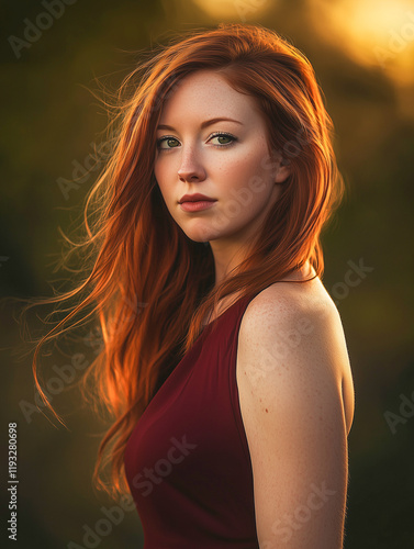 Elegant Portrait of a Woman with Auburn Hair and Green Eyes in a Crimson Dress, Bathed in Golden Evening Light