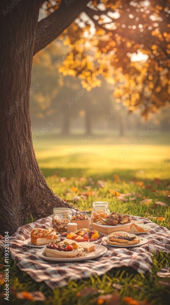 Charming Autumn Picnic Under a Colorful Tree in a Sunlit Park Setting