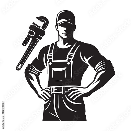 Plumber Silhouette Vector Illustration, Solid White Background.