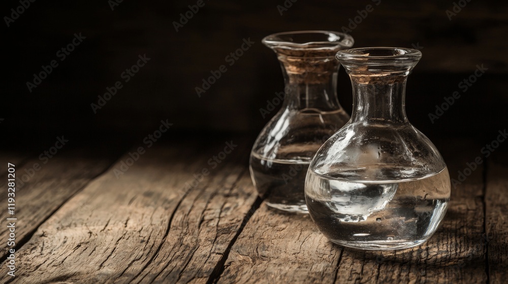 Two glass decanters on a rustic wooden table Two glass decanters on a rustic wooden table