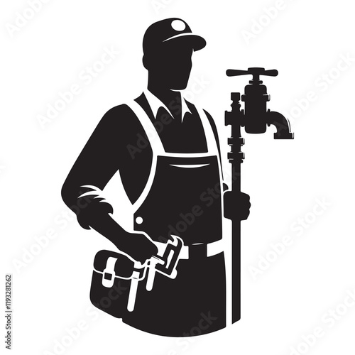 Plumber Silhouette Vector Illustration, Solid White Background.