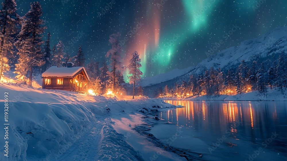 Fototapeta premium Serene Winter Landscape with Cabin Under Northern Lights Reflecting in Calm Water Surrounded by Snowy Trees and Starry Night Sky