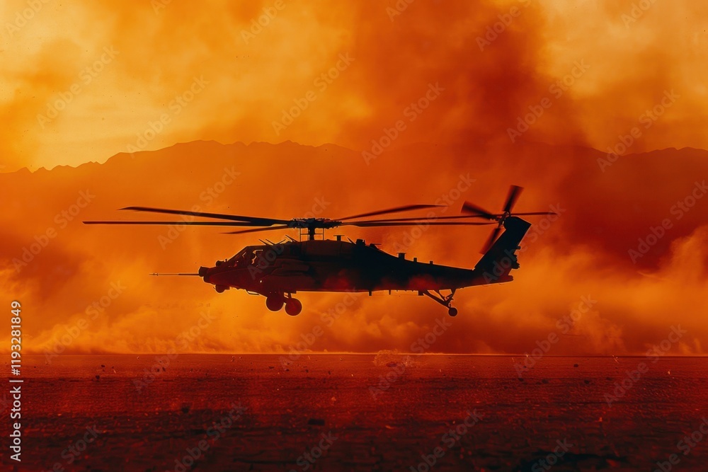 Apache attack helicopter in action desert landscape dramatic aerial shot fiery environment military concept Apache attack helicopter in action desert landscape dramatic aerial shot fiery environment military concept