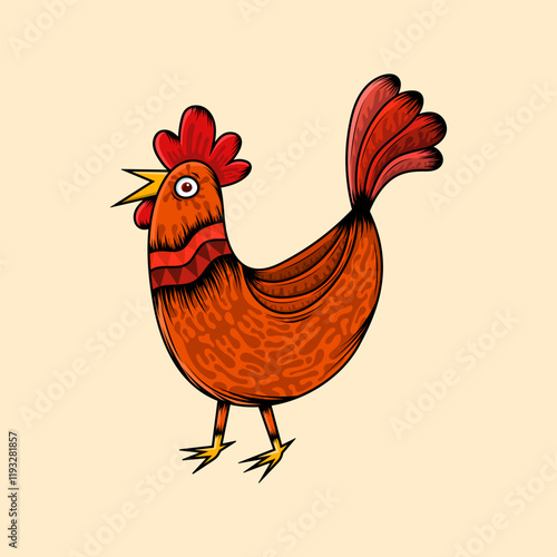 Hand-drawn farmyard rooster in cartoon style