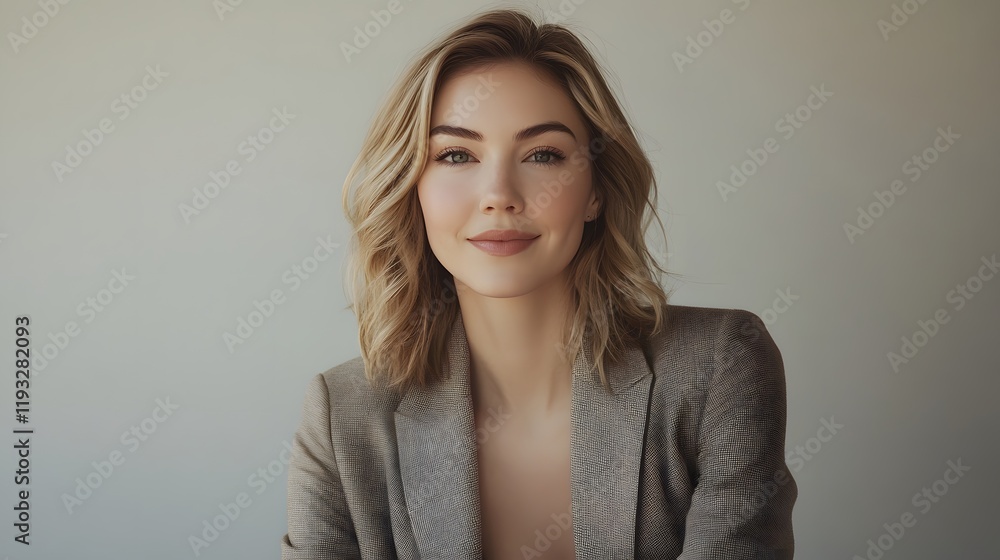 Obraz premium Confident young professional woman poses in a stylish blazer against a neutral background in a well-lit studio