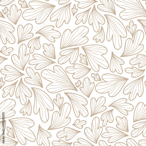Abstract leaves, beige color, simple illustration, white background. Seamless floral pattern-586.