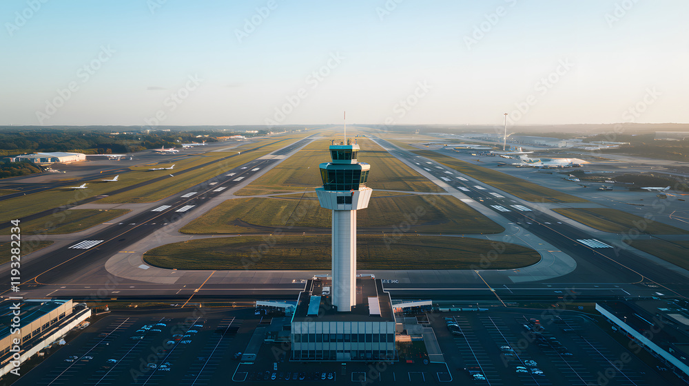 Fototapeta premium Air traffic control tower overseeing a bustling airport, ensuring safe and efficient aircraft movements, symbolizing coordination and precision in aviation operations.