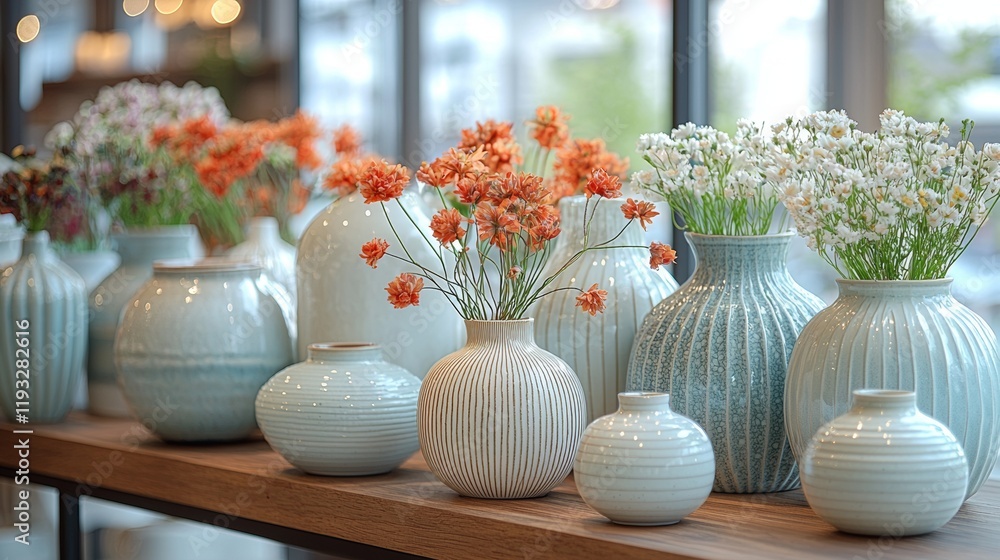 Obraz premium Modern vases with fresh flowers on a sunny table