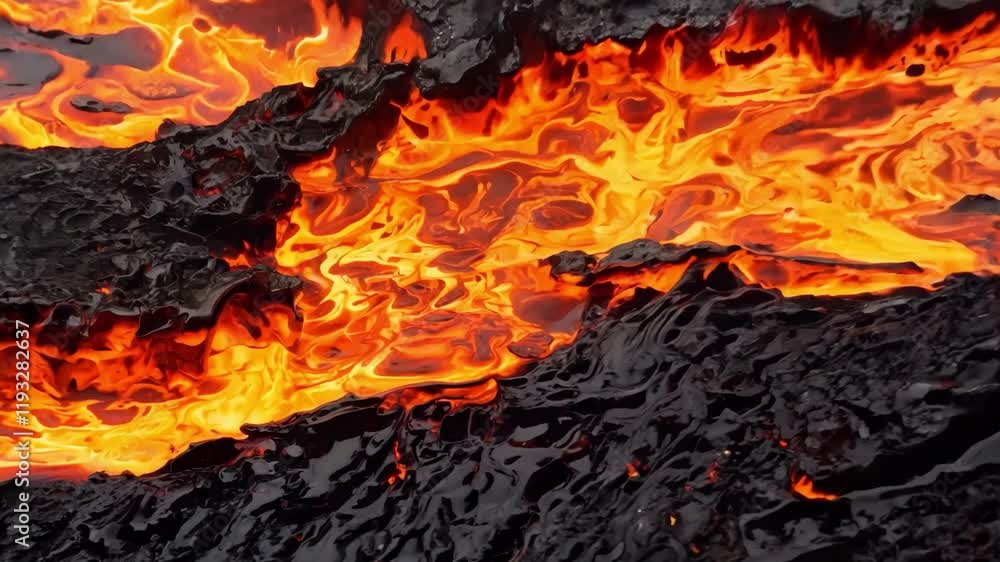 A painting of a lava flow with a dark background. The painting is full of orange and red colors, giving it a fiery and intense mood A painting of a lava flow with a dark background. The painting is full of orange and red colors, giving it a fiery and intense mood