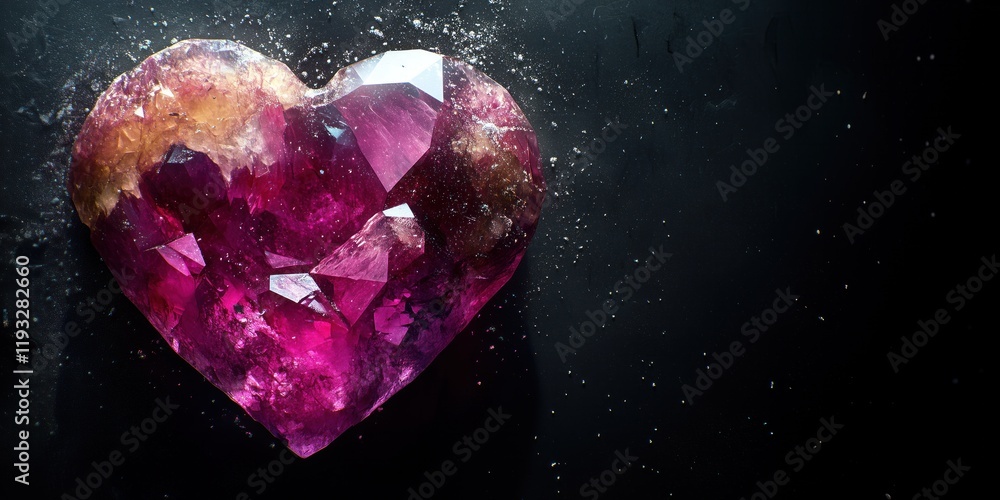 Sparkling pink crystal heart shining on dark background, copy space