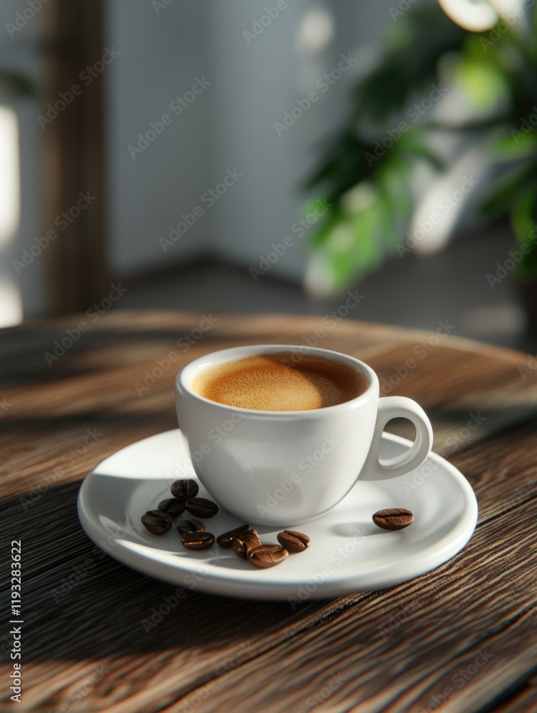 Fototapeta premium Coffee Cup on Table with Coffee Beans