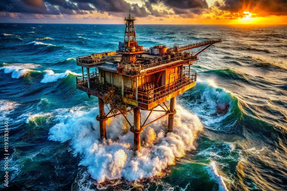 Obraz premium Aerial View of Offshore Oil Rig Platform - Industrial Structure, Ocean Energy, Drilling Platform, Industrial Photography, Energy Production