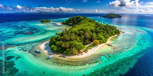 Fototapeta samoprzylepna Aerial View of Papugi Island: Lush Tropical Landscape, Turquoise Waters