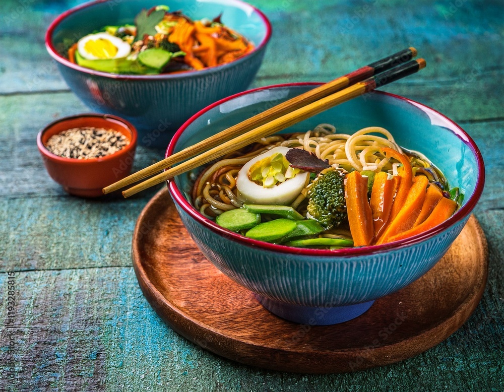 Bowls of Asian soup noodles and vegetables with Chopstick
