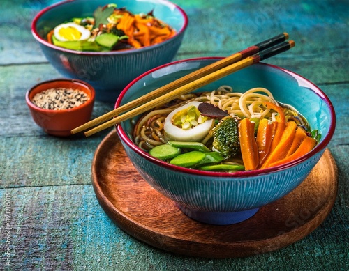 Bowls of Asian soup noodles and vegetables with Chopstick 