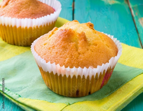Homemade muffins in paper on napkin 