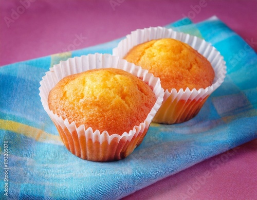 Homemade muffins in paper on napkin 
