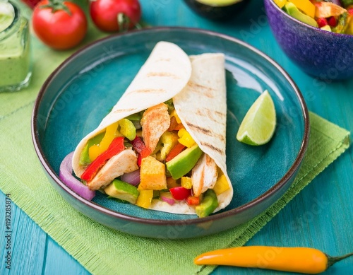 Mexican fajita wraps with grilled chicken fillet and fresh vegetables