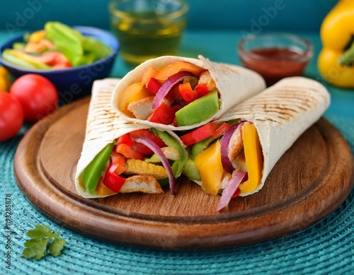 Mexican fajita wraps with grilled chicken fillet and fresh vegetables