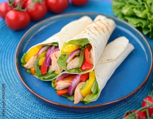 Mexican fajita wraps with grilled chicken fillet and fresh vegetables