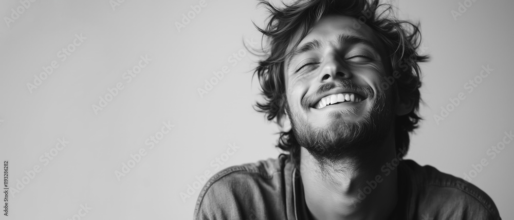Black and white portrait of a carefree young man with messy hair, smiling with closed eyes. A vibrant and artistic image symbolizing happiness, freedom, and joy. Black and white portrait of a carefree young man with messy hair, smiling with closed eyes. A vibrant and artistic image symbolizing happiness, freedom, and joy.