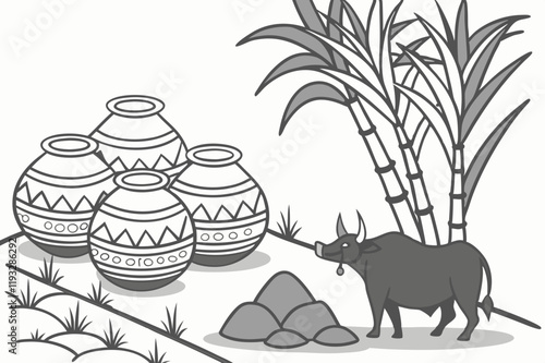 Artistic monochrome sketch showcasing clay pots, sugarcane, and a bull in a cultural harvest festival setup highlighting traditional artistry.