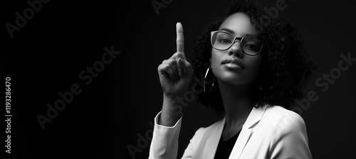 Black and white portrait of a confident woman wearing glasses, raising her finger in a thoughtful gesture. A striking and bold image for professional or motivational themes.