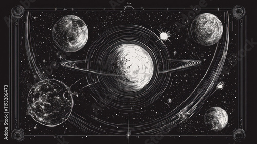 Celestial bodies in detailed cosmic illustration. photo