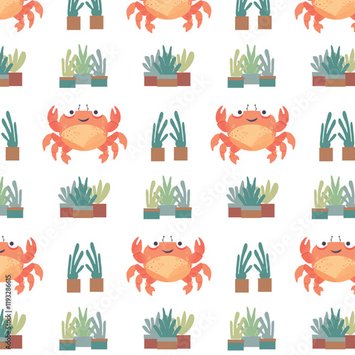 Cute crab  with indoor plants seamless pattern on white background in flat style,Cartoon crab with happy smile vector hand drawen pattern, seafood, restorant backdrop concept photo