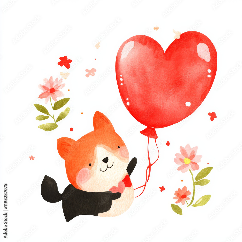 Cute fox holding red heart balloon surrounded by flowers, expressing joy and love. Perfect for greeting cards or children illustrations Cute fox holding red heart balloon surrounded by flowers, expressing joy and love. Perfect for greeting cards or children illustrations