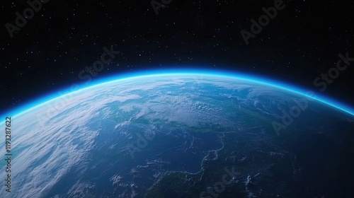Fototapeta Naklejka Na Ścianę i Meble -  Peaceful Blue Sunrise Illuminating Earth from Space Perspective, Blue sunrise earth concept.