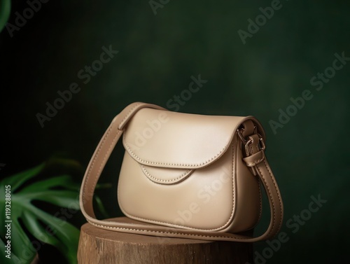 Simple beige leather crossbody bag isolated on a dark green backdrop photo