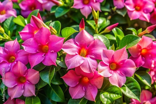 Aerial View of Vibrant Pink Dipladenia Flowers Blooming in a Garden